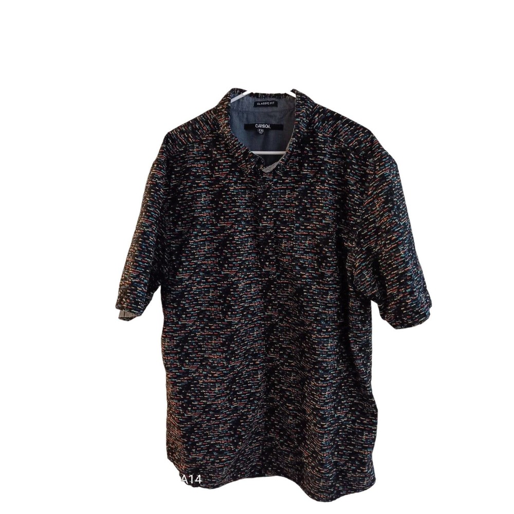 MENS, CARBONSHIRT, SIZE 2X, SHORT SLEEVE, BLACK AND MULTI COLORED, BUTTON UP,...